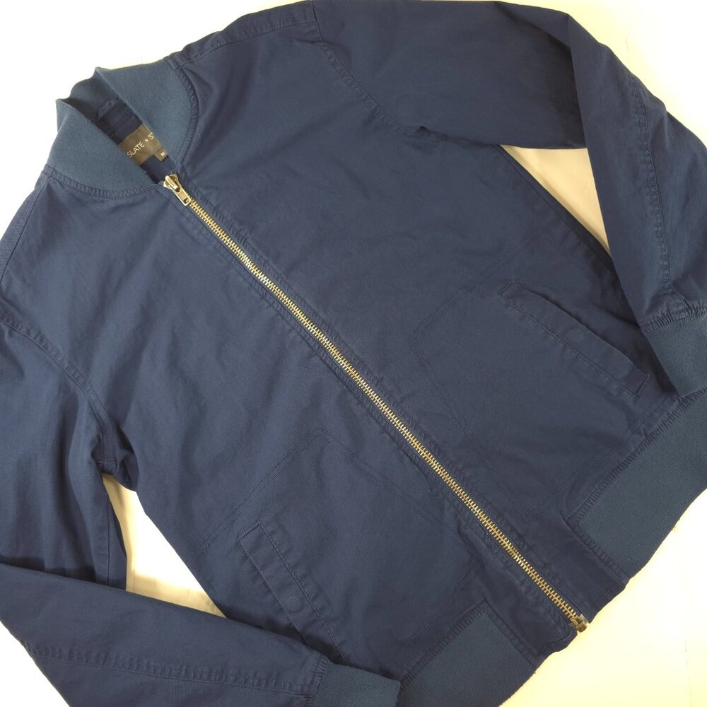 SLATE & STONE Mens MEDIUM Bomber Jacket Blue Cotton Stretch Long Sleeve Full Zip - Picture 1 of 16